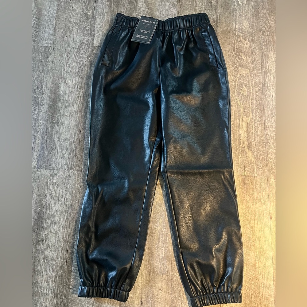 Anthropologie Womens Black Faux Leather Joggers